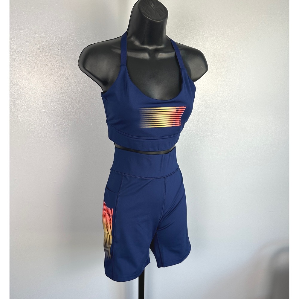 Savage X Fenty Activewear Set Bra High Waist Biker Shorts XL Navy Ombre Stripe - Picture 8 of 8